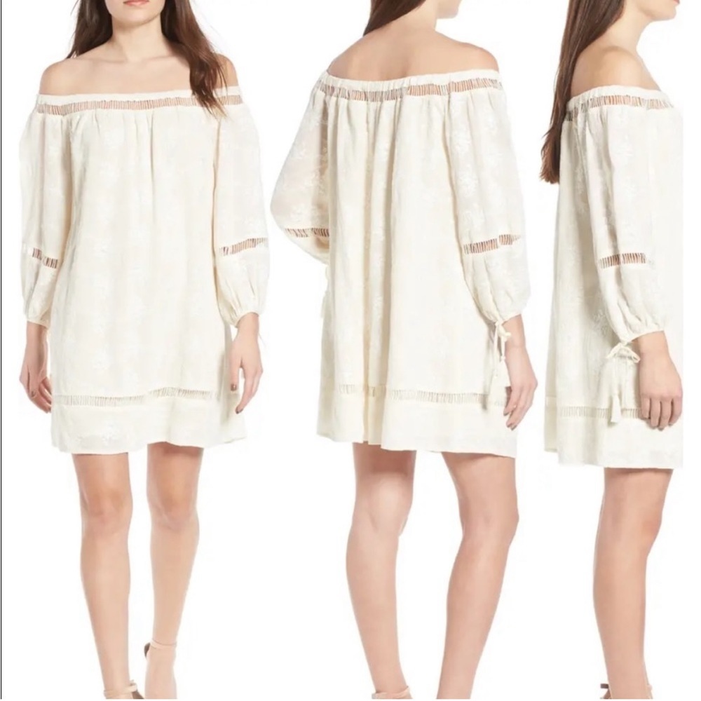 ASTR Cream Off The Shoulder Embroidered Dress